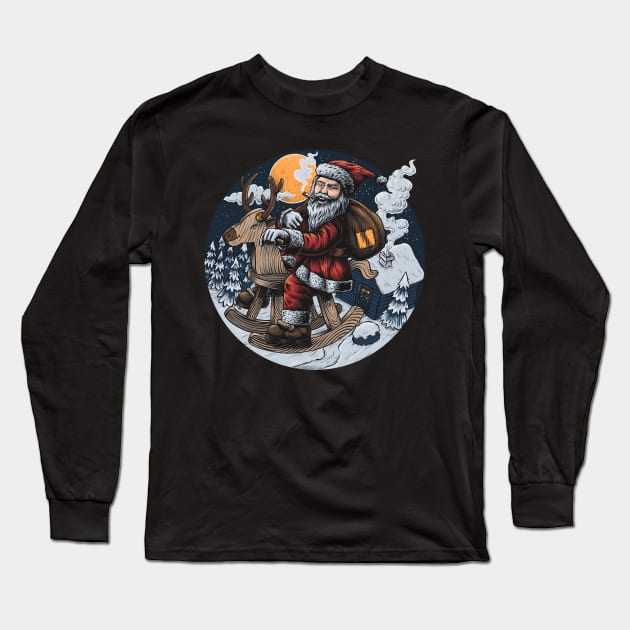 Santa Smoking and Riding Wooden Deer Long Sleeve T-Shirt by Kelelowor